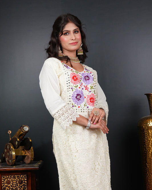 Embroidered Mirror Work Kurti Set with Organza Dupatta