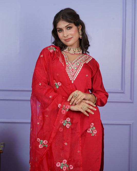 Fully Embroidered Thread Work Kurti Set with Boota Dupatta