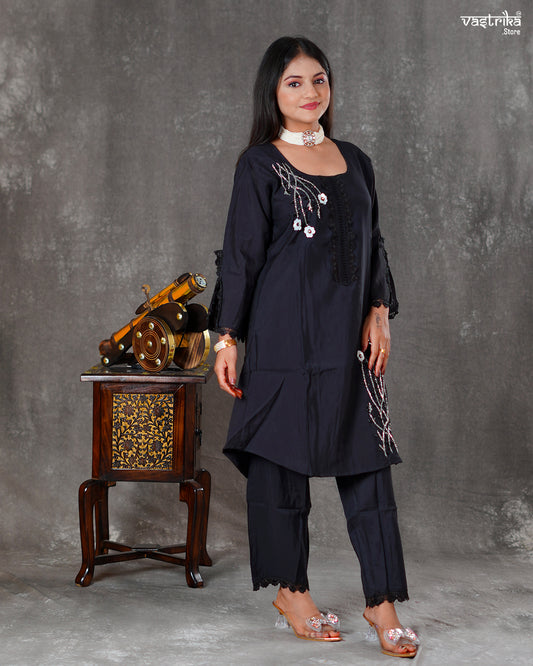 Black Roman Silk Coord Set with Katdana Work