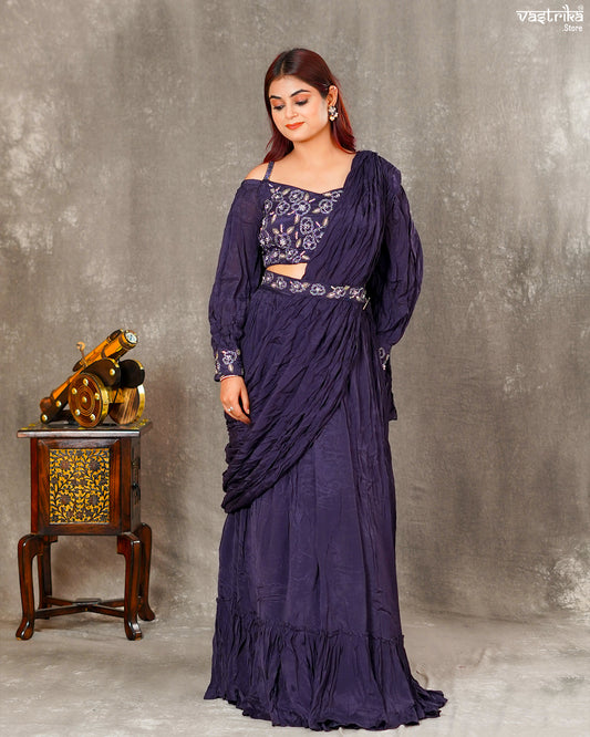Dark Purple Chiffon Stylish Drape Saree with Skirt