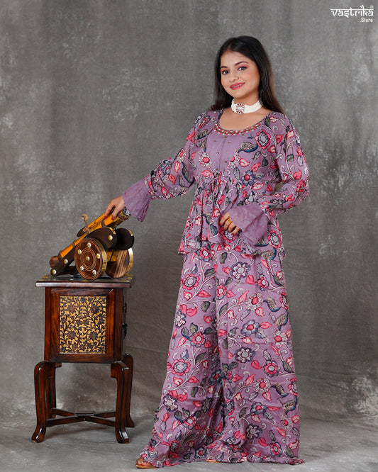 Purple Chinon Silk Short Top with Palazzo & Printed Shrug