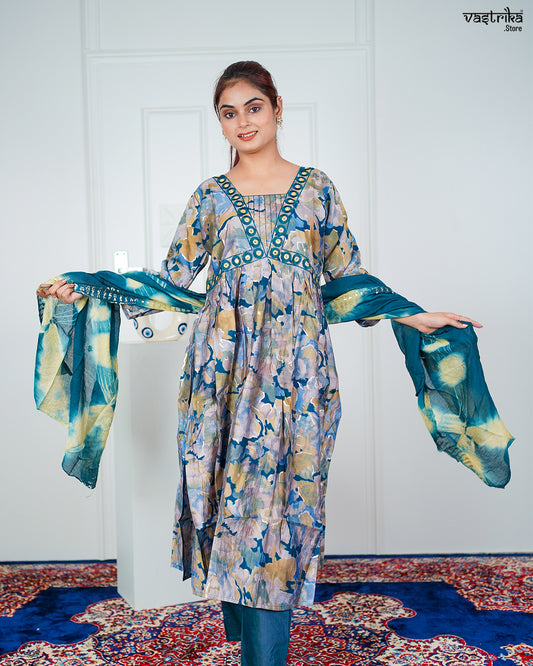 Firozi Maslin Aalia Cut Frock Set with Embroidered Dupatta