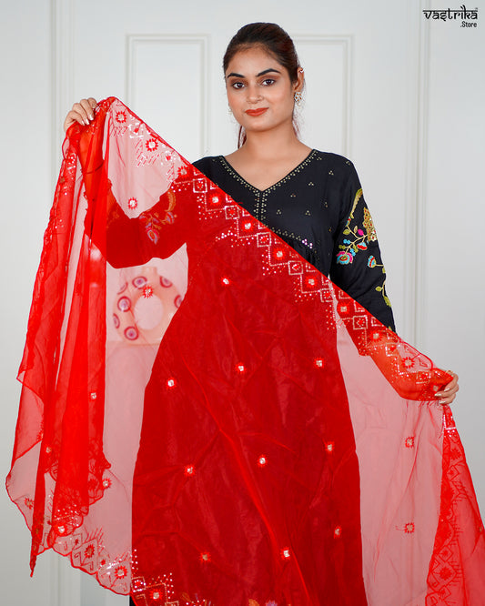 Black Ryon Cotton Aalia Cut Frock Set with Sequence & Resham Work