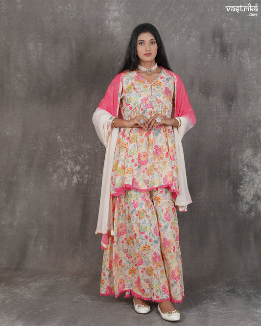 Printed V-Neck Kurti & Alia-Cut Sharara Set with Double-Shaded Dupatta