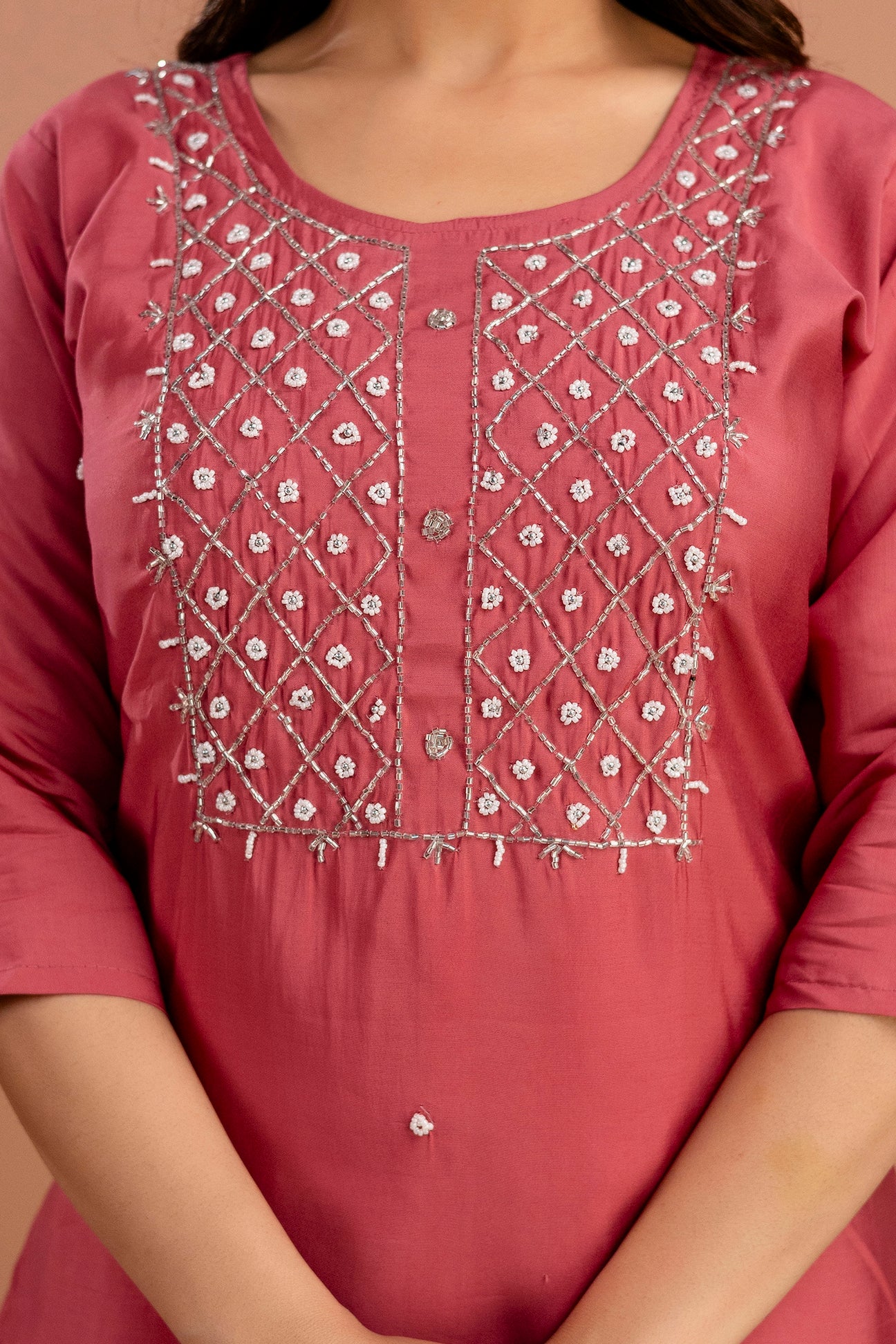Handworked Round Neck Kurti with Plain Dupatta & Plain Trousers