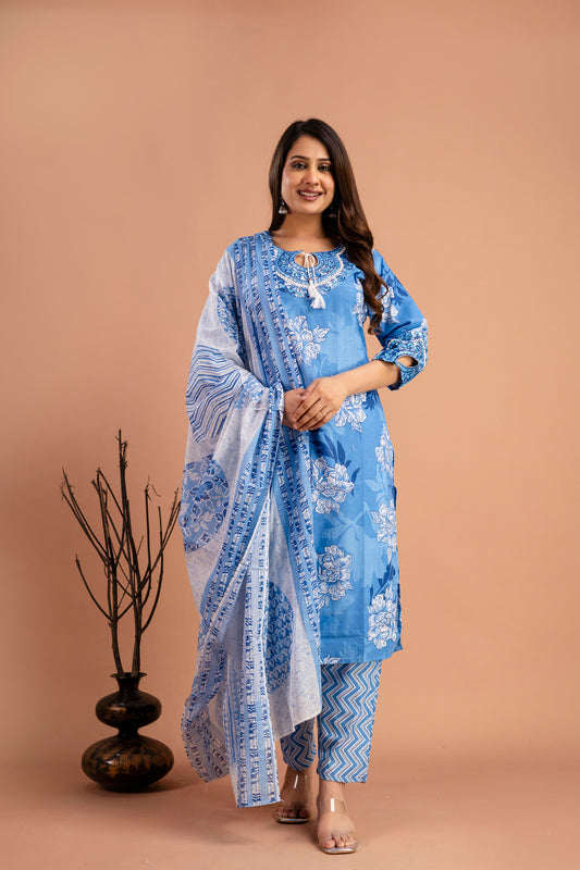 Printed Kurti with Round Neck, Printed Dupatta & Matching Printed Pants
