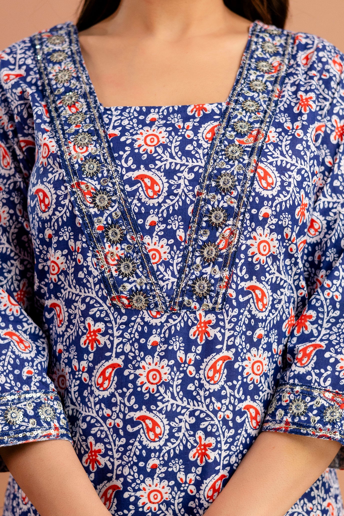 Printed V-Neck Kurti with Resham & Sequence Embellishments, Printed Dupatta & Trousers