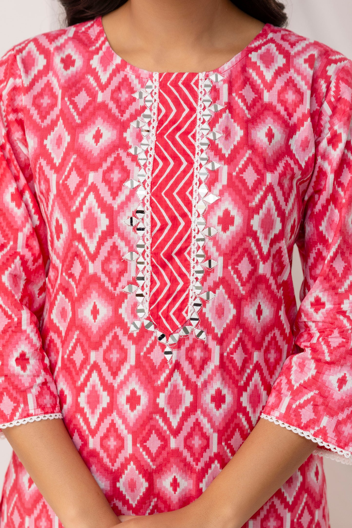 Mirror Worked Printed Kurti with Stylish Dupatta & Plain Trouser