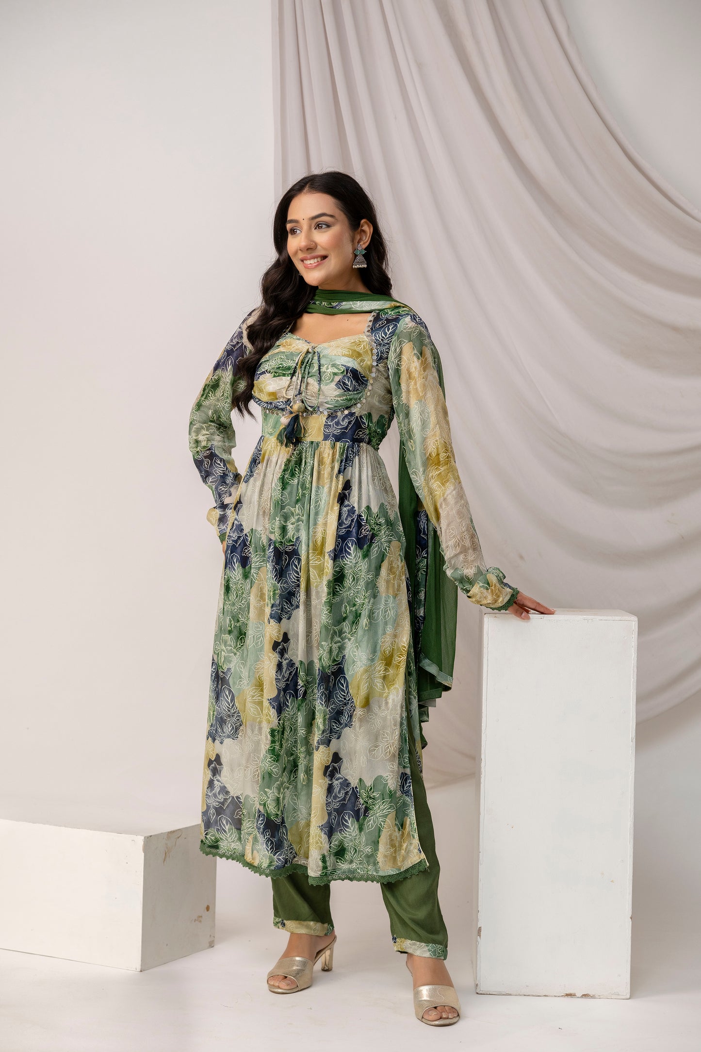 Jaipuri Printed Kurti with Mirror Work Set