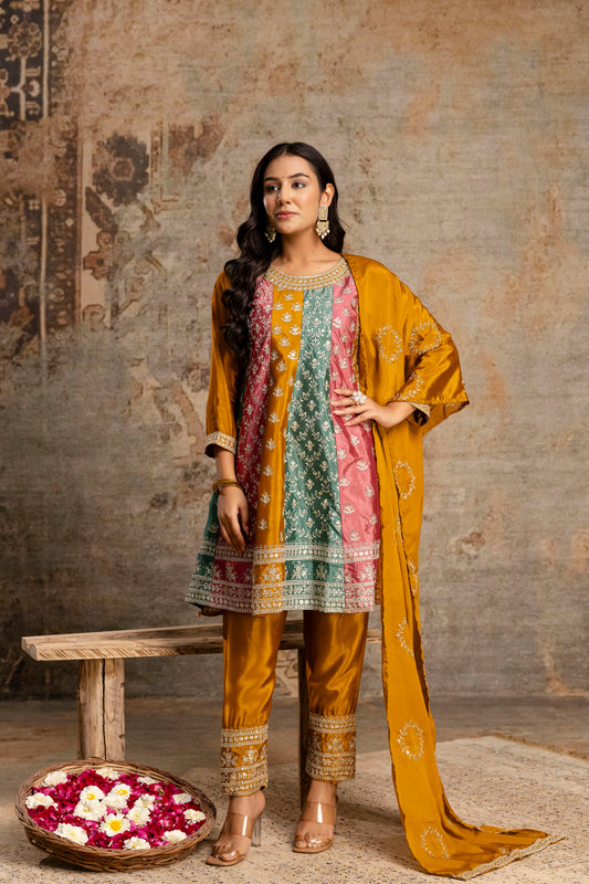 Silk Frock Set with Jari Work and Matching Dupatta