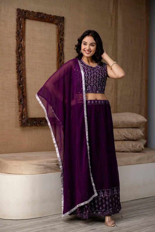 Georgette Crop Top with Skirt and Handworked Dupatta