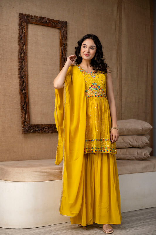 Resham Embroidered Handworked Kurti with Plain Dupatta & Georgette Sharara