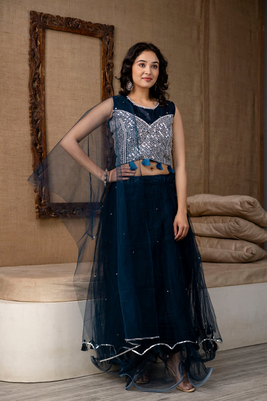 Mirror Worked Crop Top with Skirt & NET Dupatta
