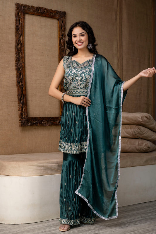 Embellished Sequined & Jari Kurti with Jari Detailed Sharara & Solid Dupatta