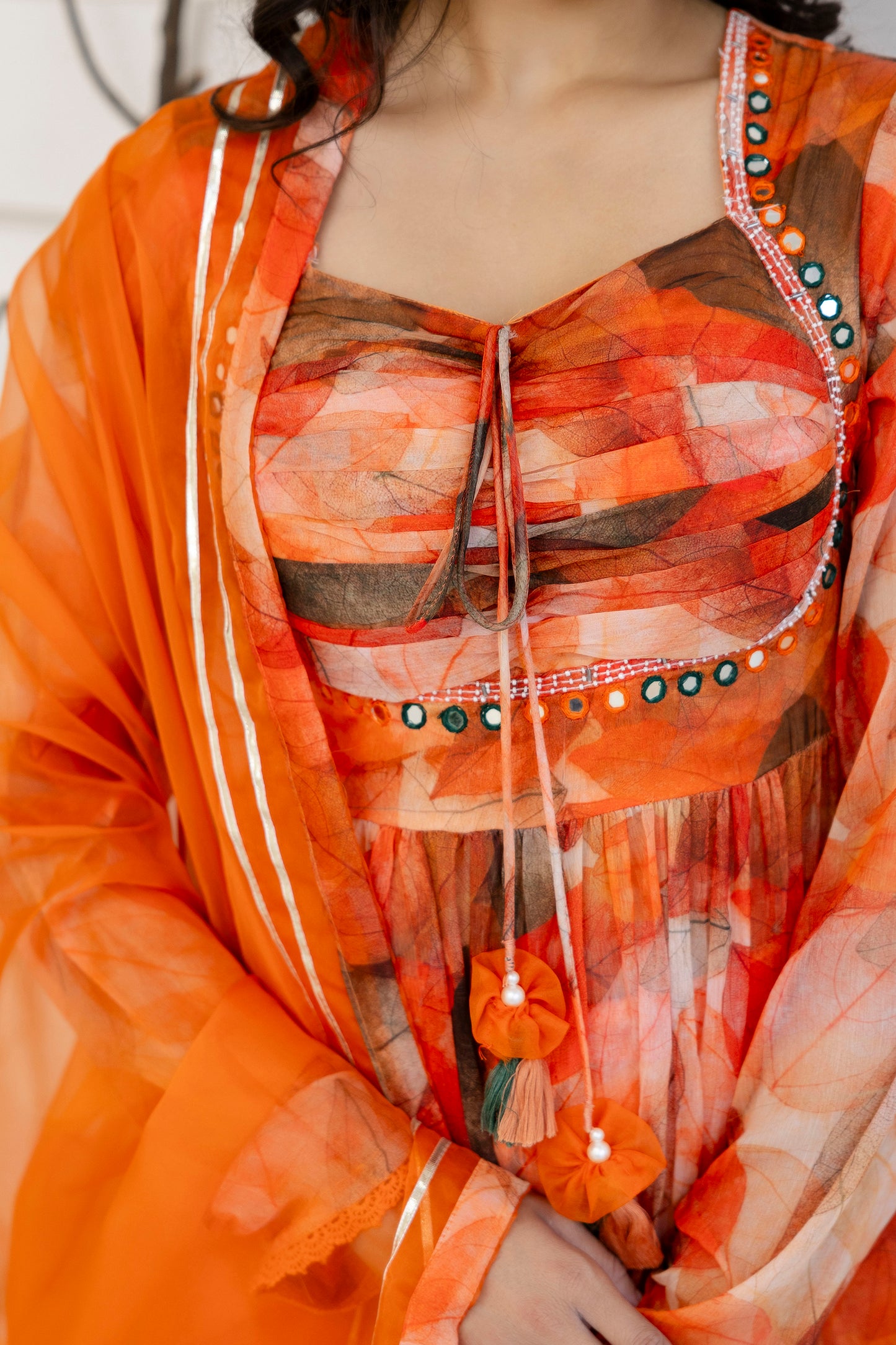 "Printed Frock Set with Pintex Work, Round Neck, Four-Side Worked Dupatta & Lace Border Pants"