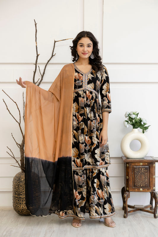 Artistic Printed Kurti with Kandana Embellished Sharara & Solid Dupatta