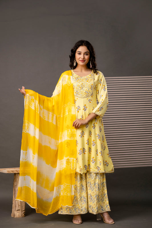 Embellished Round Neck Frock with Printed Cotton Sharara & Dual-Toned Chiffon Dupatta