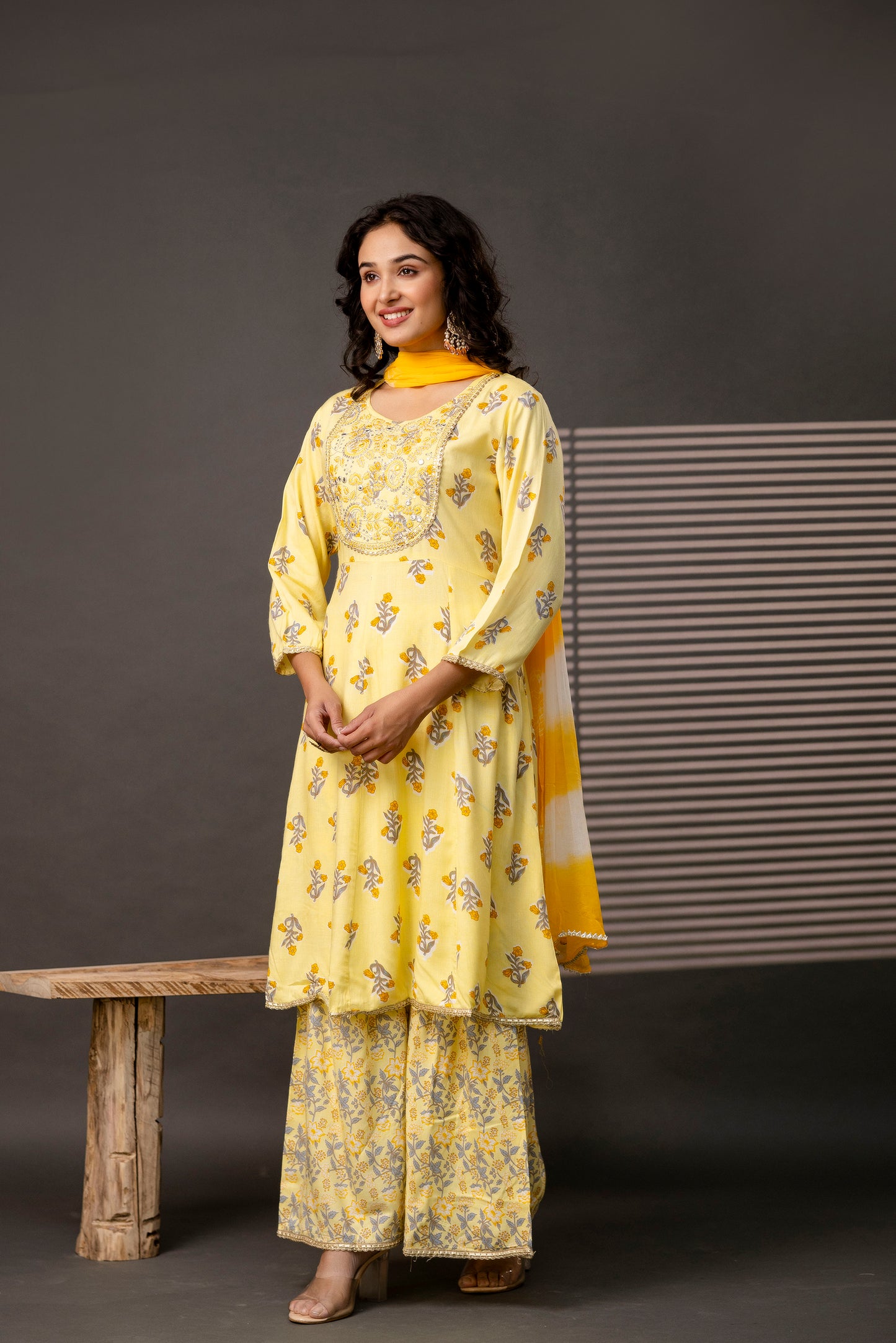 Embellished Round Neck Frock with Printed Cotton Sharara & Dual-Toned Chiffon Dupatta