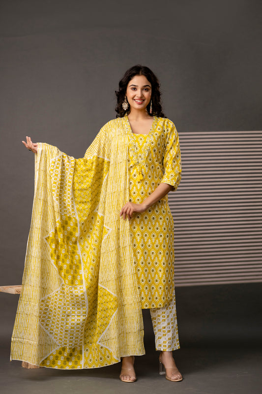 V-Neck Kurti with Thread Embroidery, Printed Trouser & Dupatta