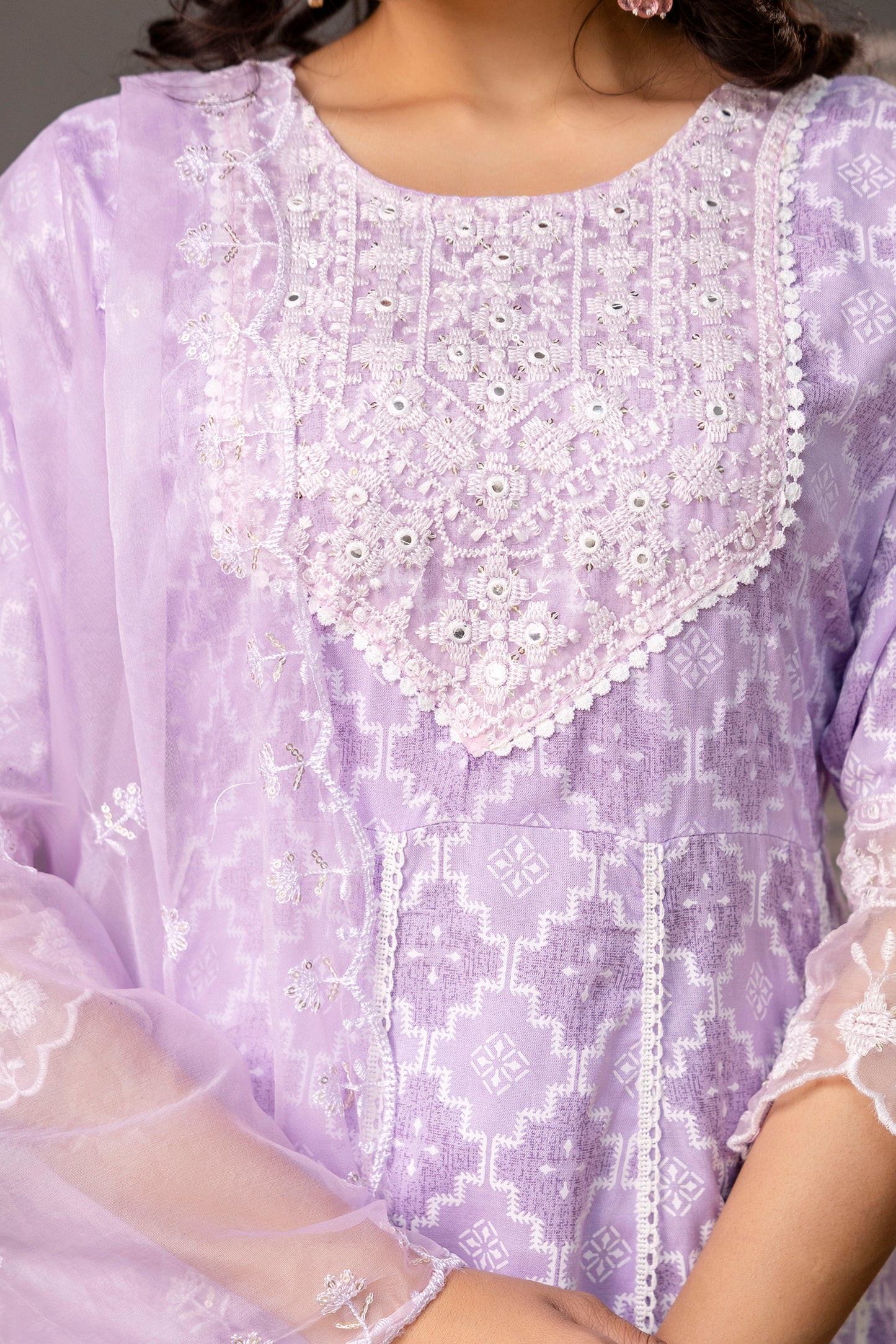 Stylish Printed Frock with Thread Embroidery, Coordinated Trouser & Embellished Dupatta