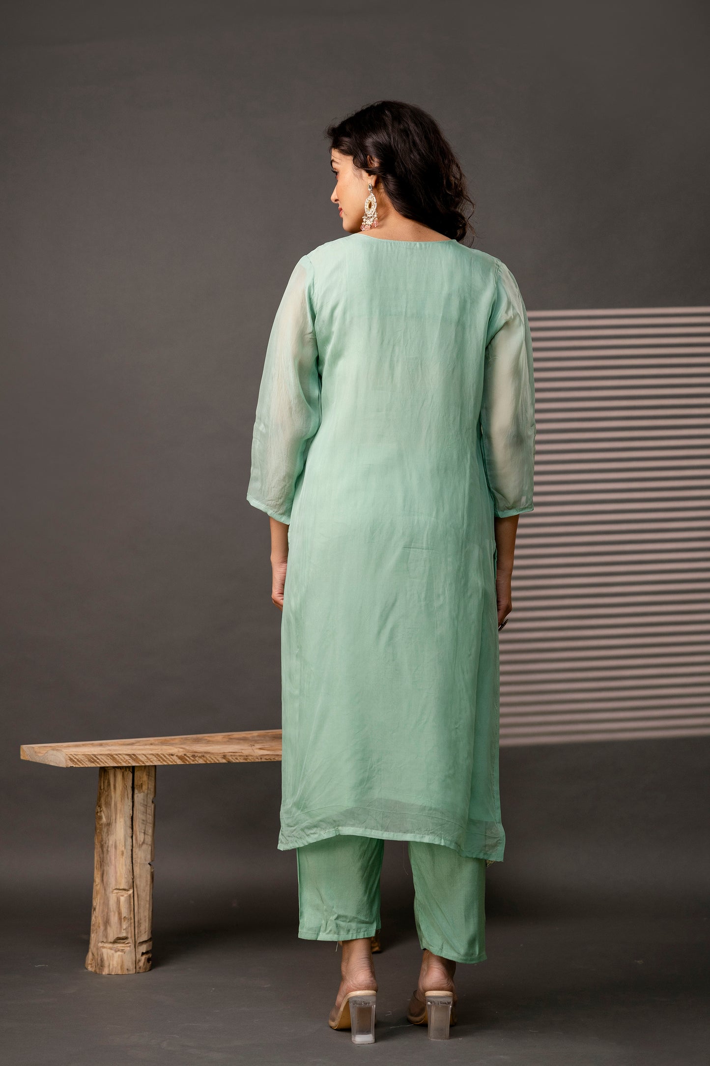 Resham Worked Kurti with Round Neck, Thread Worked Dupatta & Plain Pants
