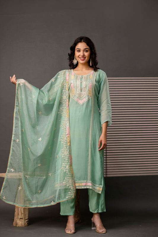 Resham Worked Kurti with Round Neck, Thread Worked Dupatta & Plain Pants