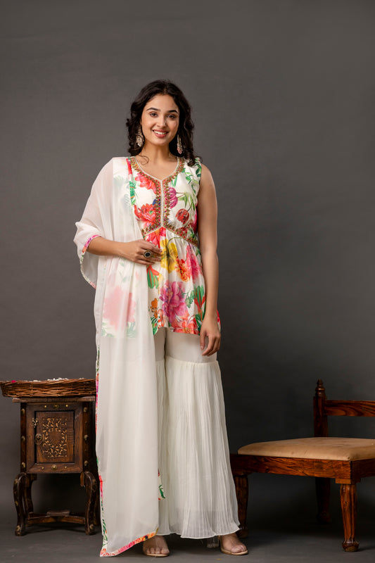 Printed Peplum Kurti with Plain Sharara & Georgette Dupatta