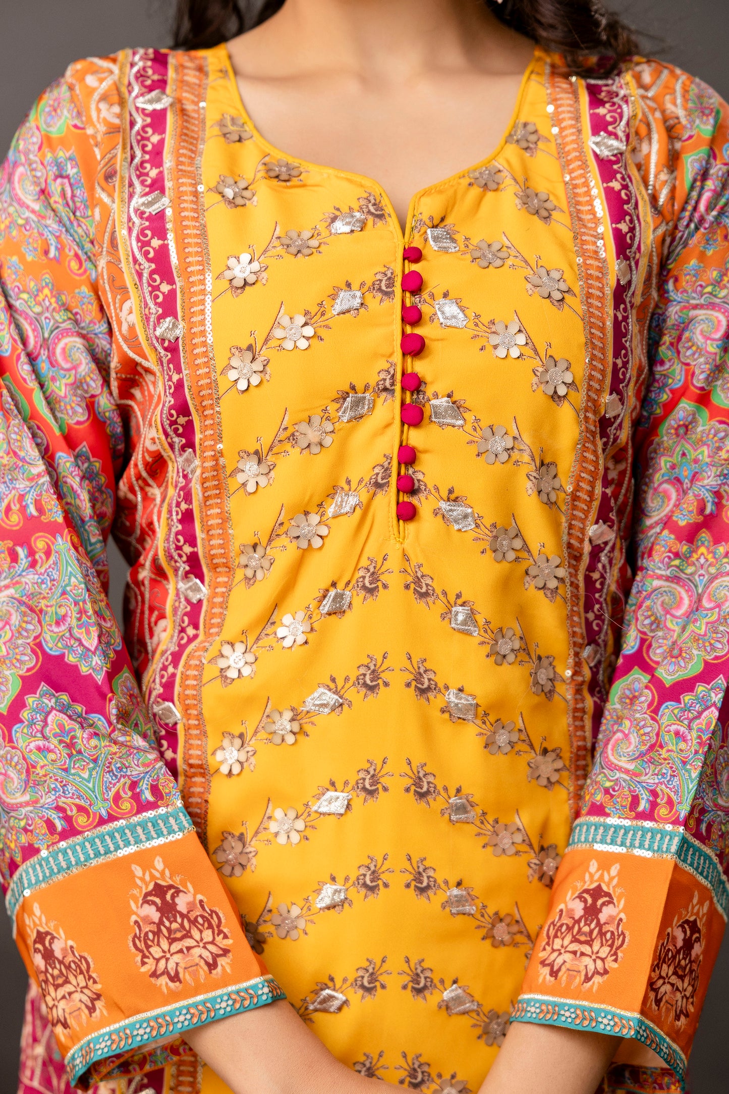 Printed Kurti with Gotta Patti Work, Chinnon Dupatta & Plain Trouser