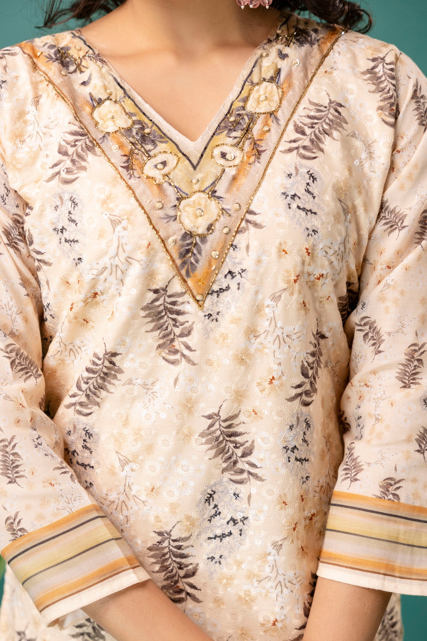 V-Neck Printed Kurti with Chicken Handwork, Silk Worked Dupatta & Plain Pants