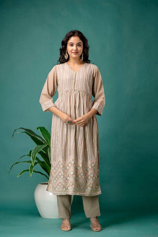 Resham & Sequence Embroidered Kurti with Plain Dupatta & Trousers