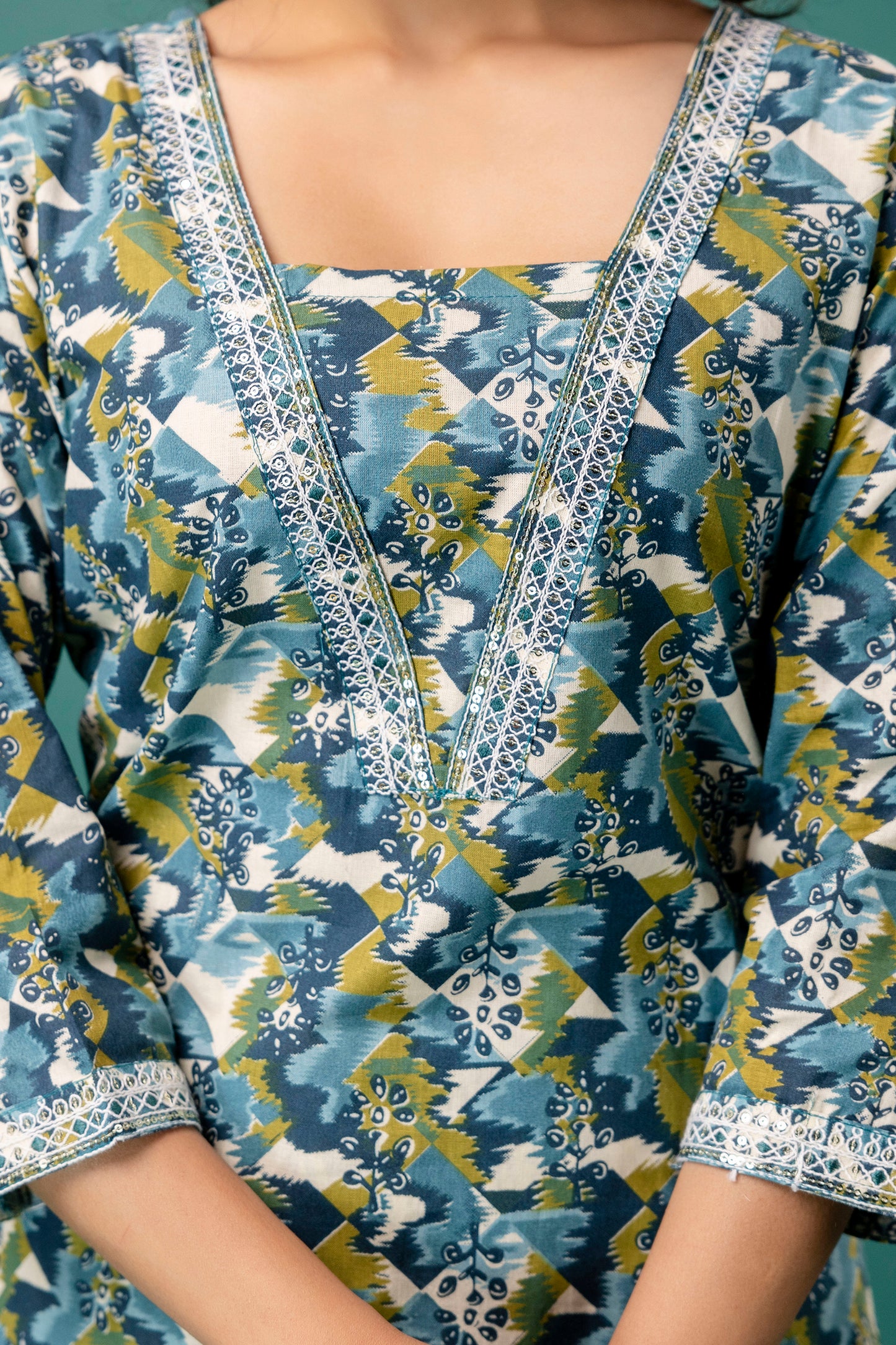 Printed V-Neck Kurti with Dori Work, Printed Dupatta & Printed Trouser