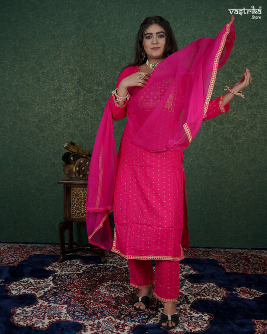 Resham & Thread Work Kurti Set with Block Print Pants