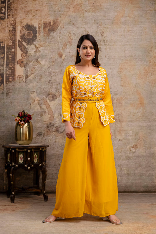 Co-ord Set with Pal Work, Round Neck, and Plain Palazzo