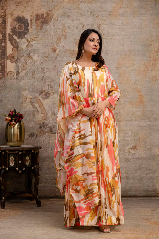 Printed Gown with Round Neck and Printed Organza Dupatta