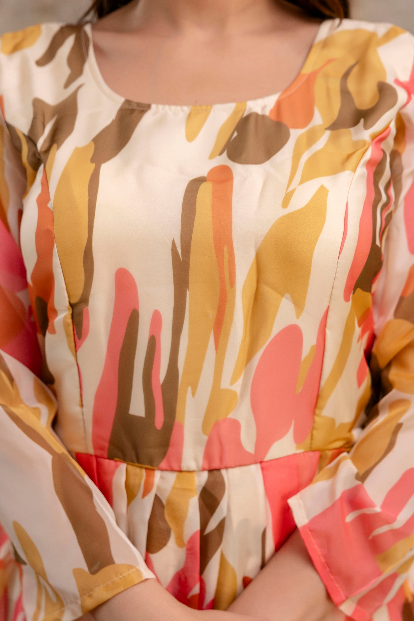 Printed Gown with Round Neck and Printed Organza Dupatta