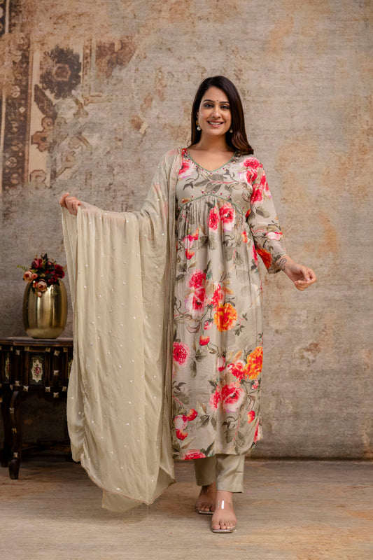 Printed Frock with Handwork, V-Neck, Sequence Work Dupatta & Plain Pant