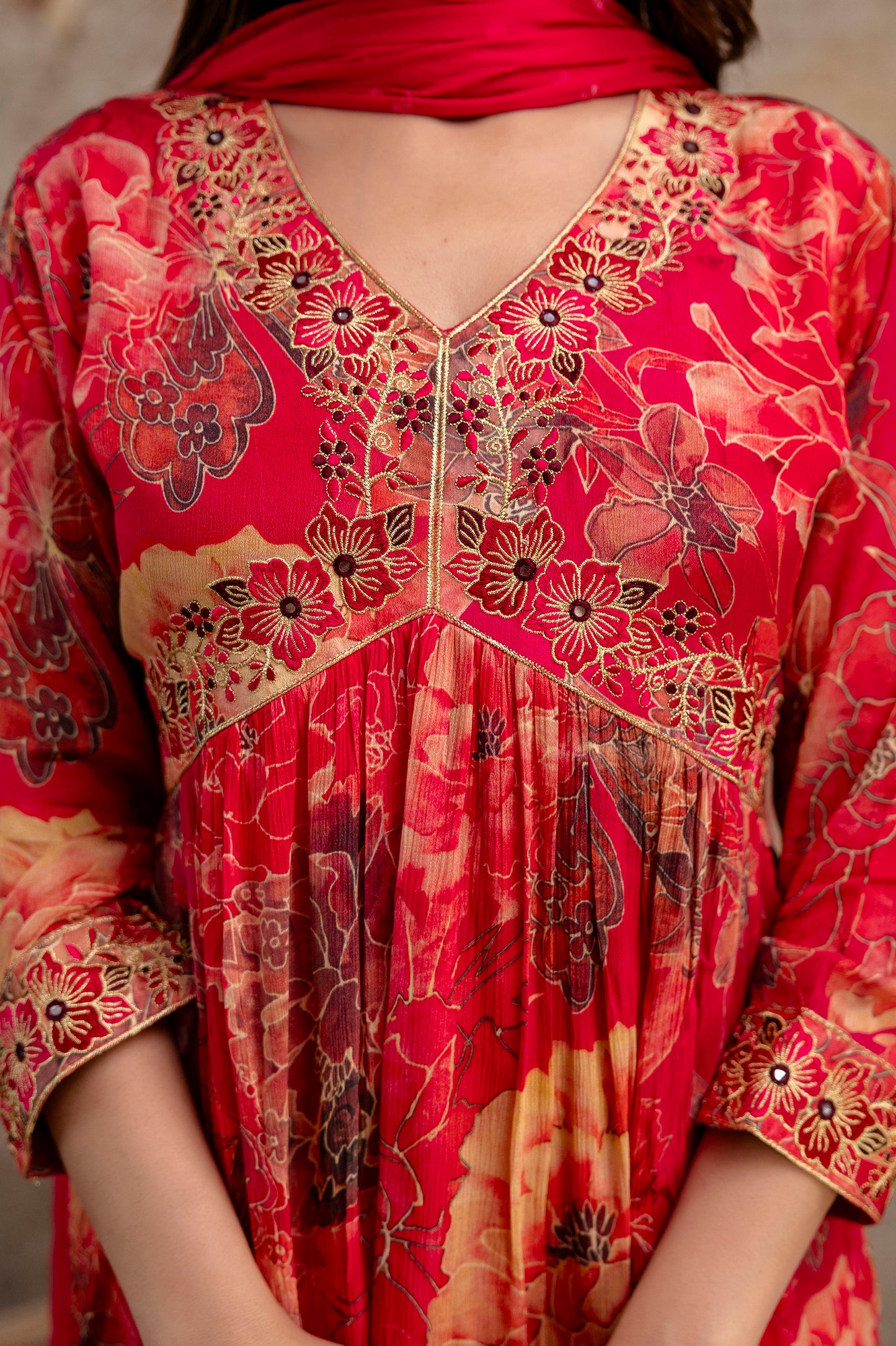 Printed Frock with Resham Work V-Neck and Shiffon Dupatta with Sequence Detailing