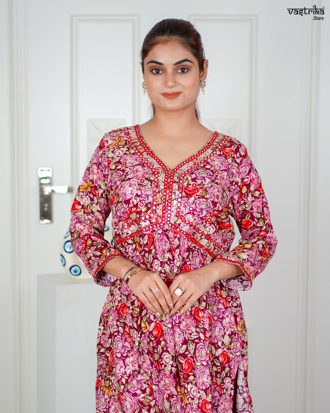 Wine Ryon Cotton Aalia Cut Frock Set with Sequence & Thread Work