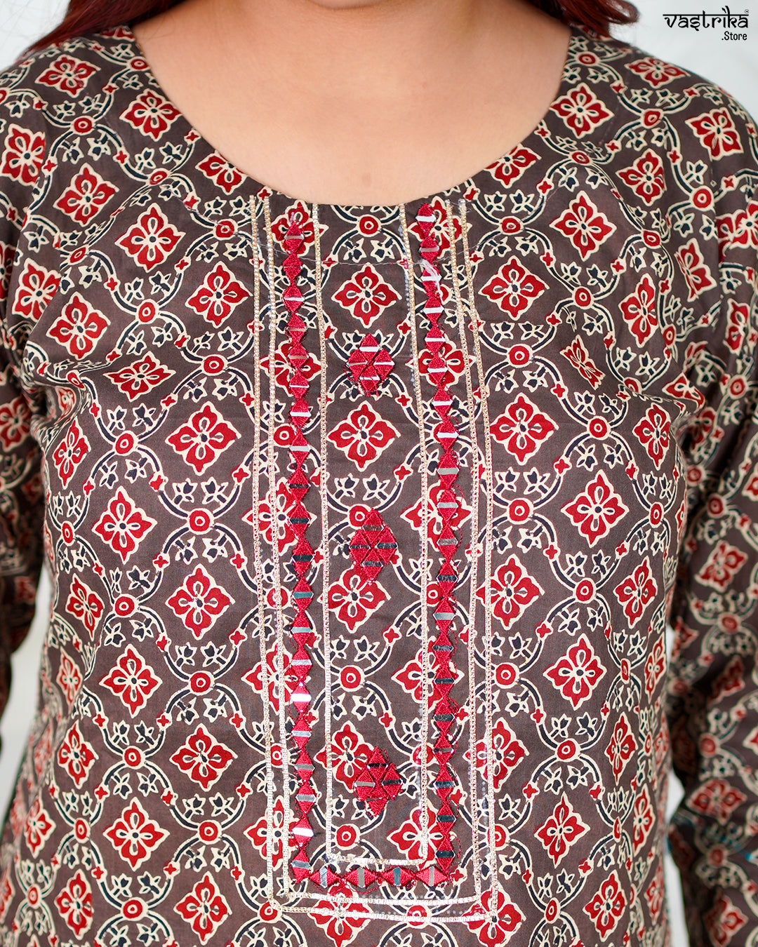 Brown Cotton Printed Kurti Set with Mirror & Thread Work