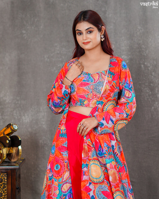 Maslin Crop Top with Flapper, Shrug & Crape Palazzos