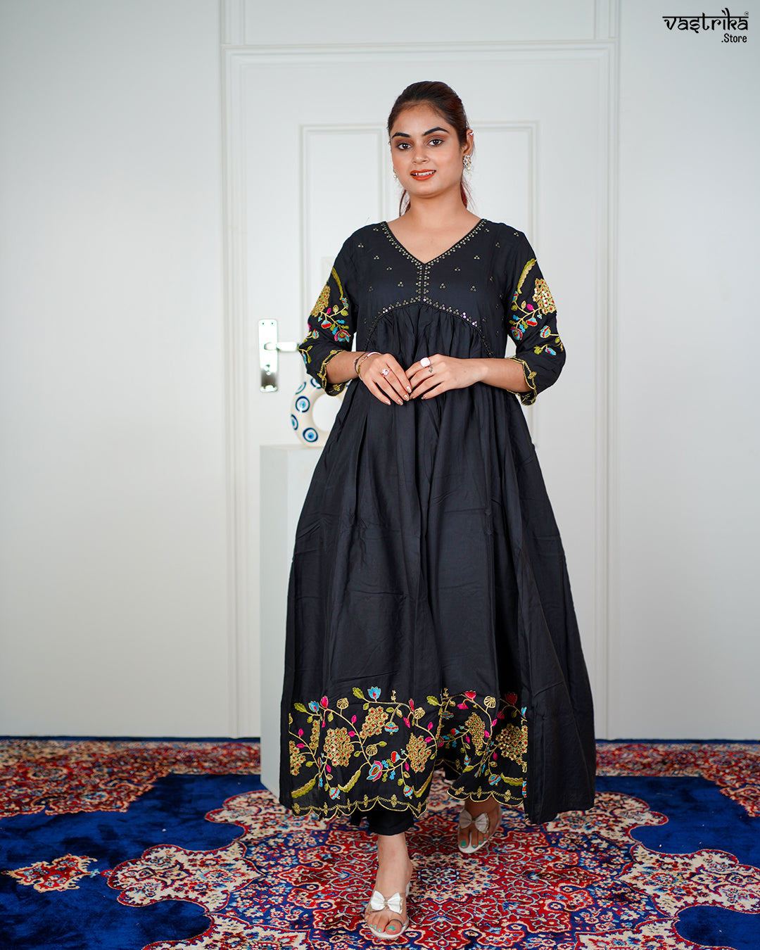Black Ryon Cotton Aalia Cut Frock Set with Sequence & Resham Work