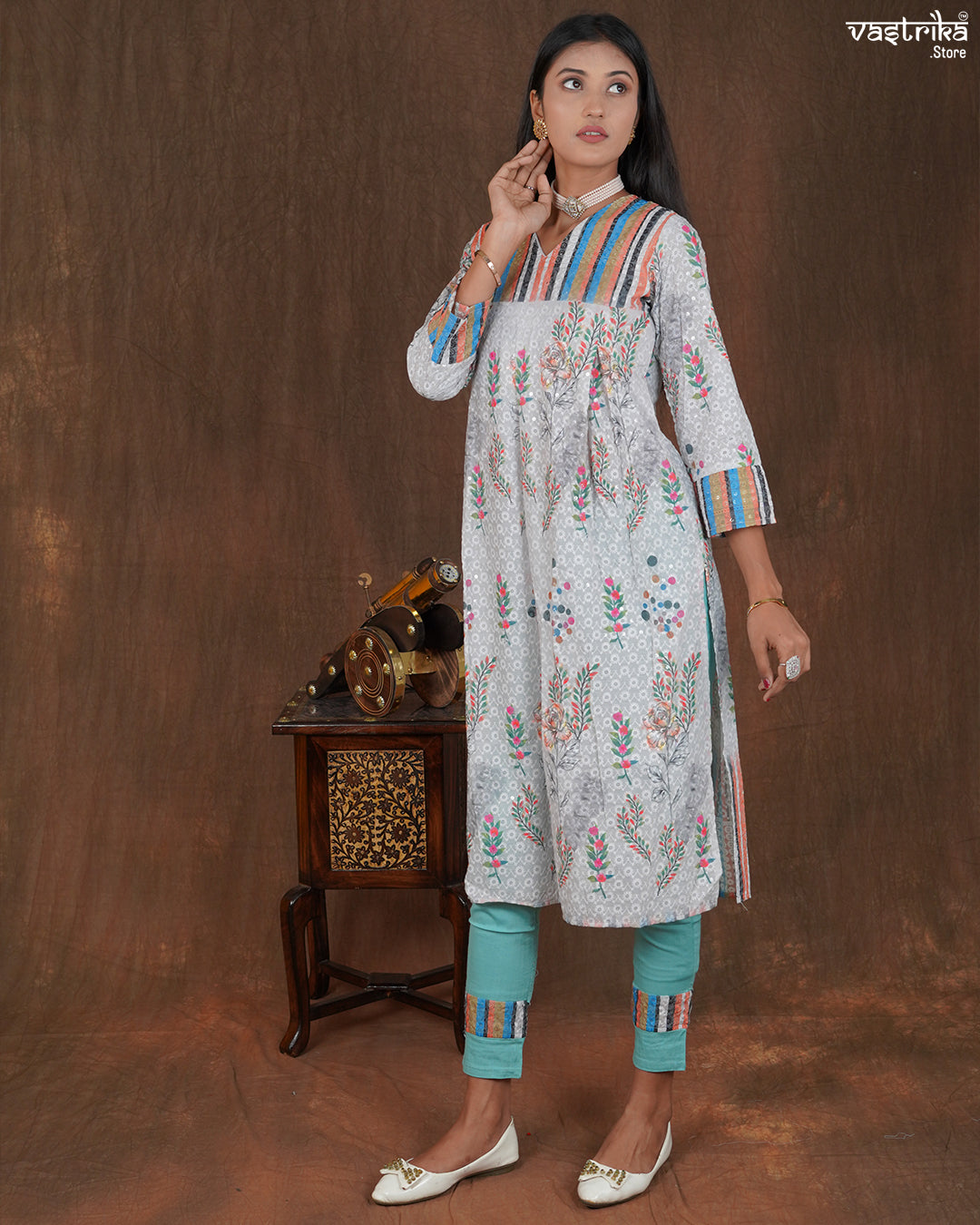 Cotton Frock Set with Chikan Work and Printed Chanderi Dupatta