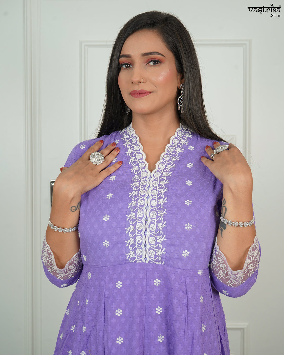 Thread Work V-Neck Frock Set