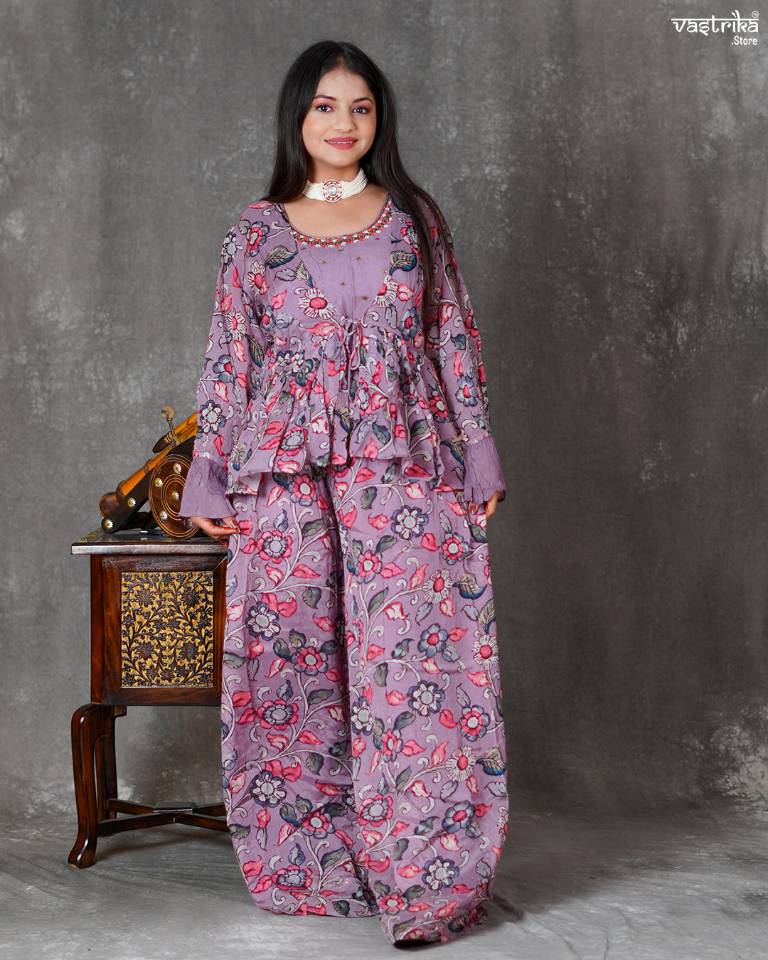 Purple Chinon Silk Short Top with Palazzo & Printed Shrug