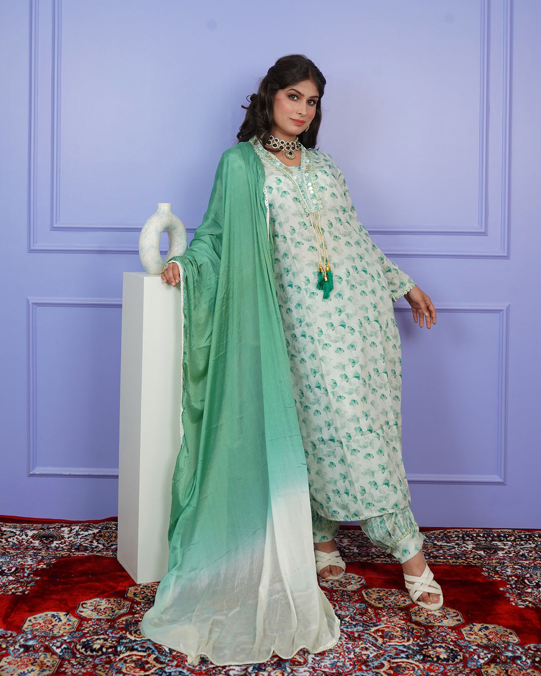 Printed Kurti & Salwar Set with Double-Shaded Dupatta