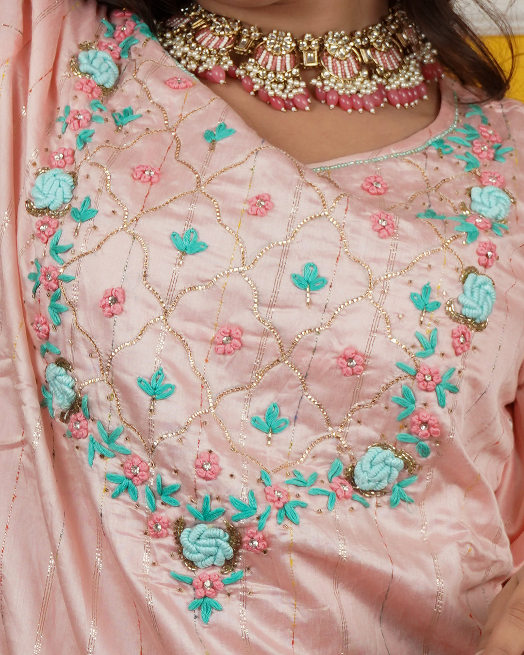 Chandri Silk Kurti Set with Hand Embroidery & Chiffon Dupatta