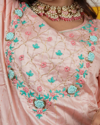 Chandri Silk Kurti Set with Hand Embroidery & Chiffon Dupatta