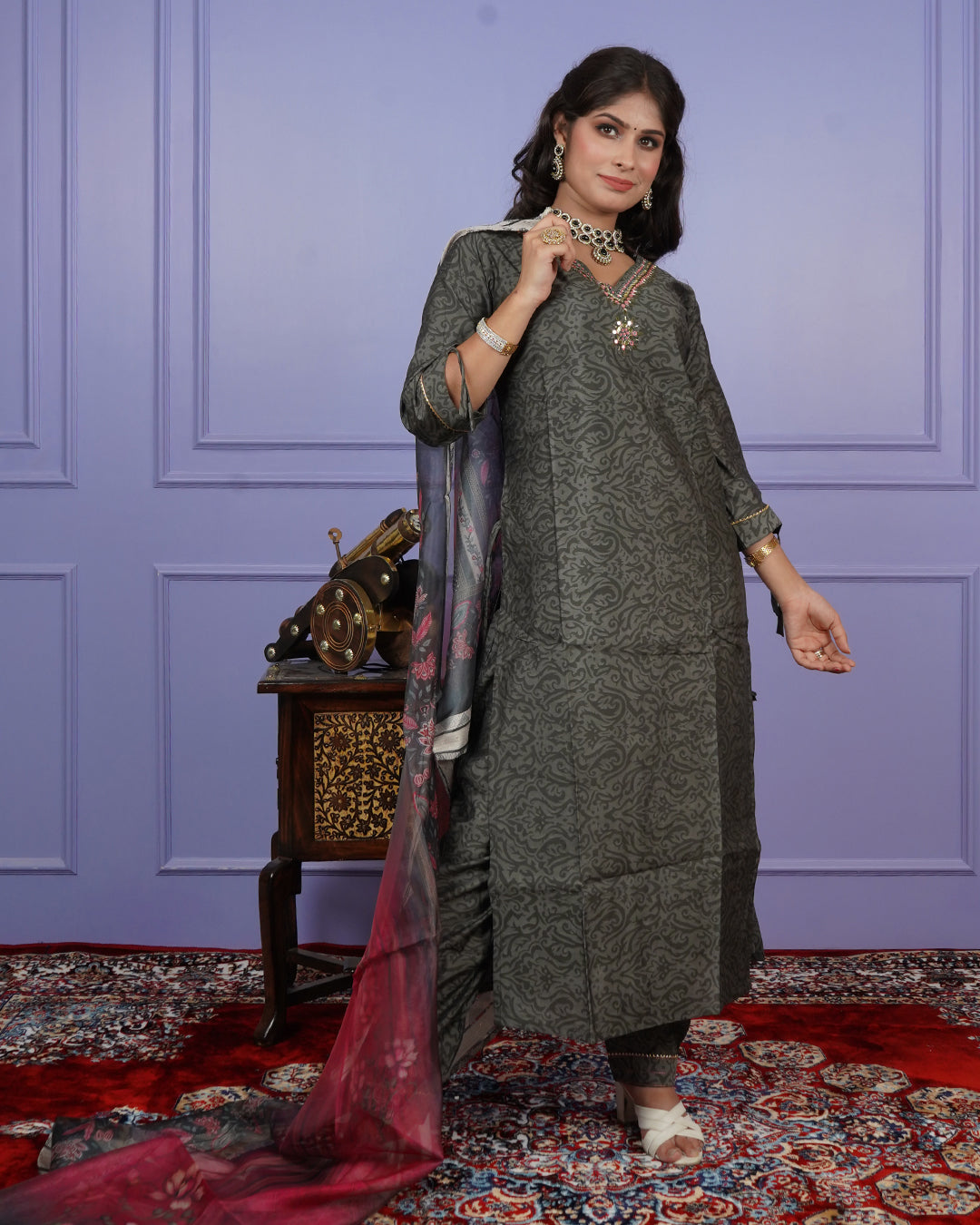 Self-Printed Kurti Set with Stylish Printed Dupatta