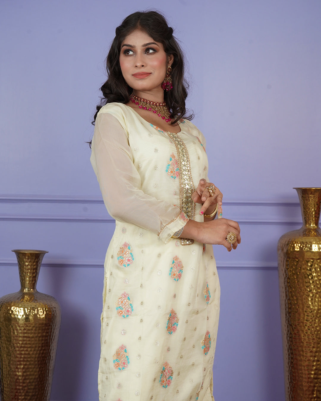 Banarasi Boota Straight Kurti Set with Handwork
