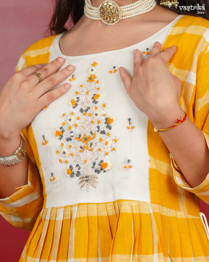 Frock-Style Kurti Set in Chequered Print with Detailed Embellishments